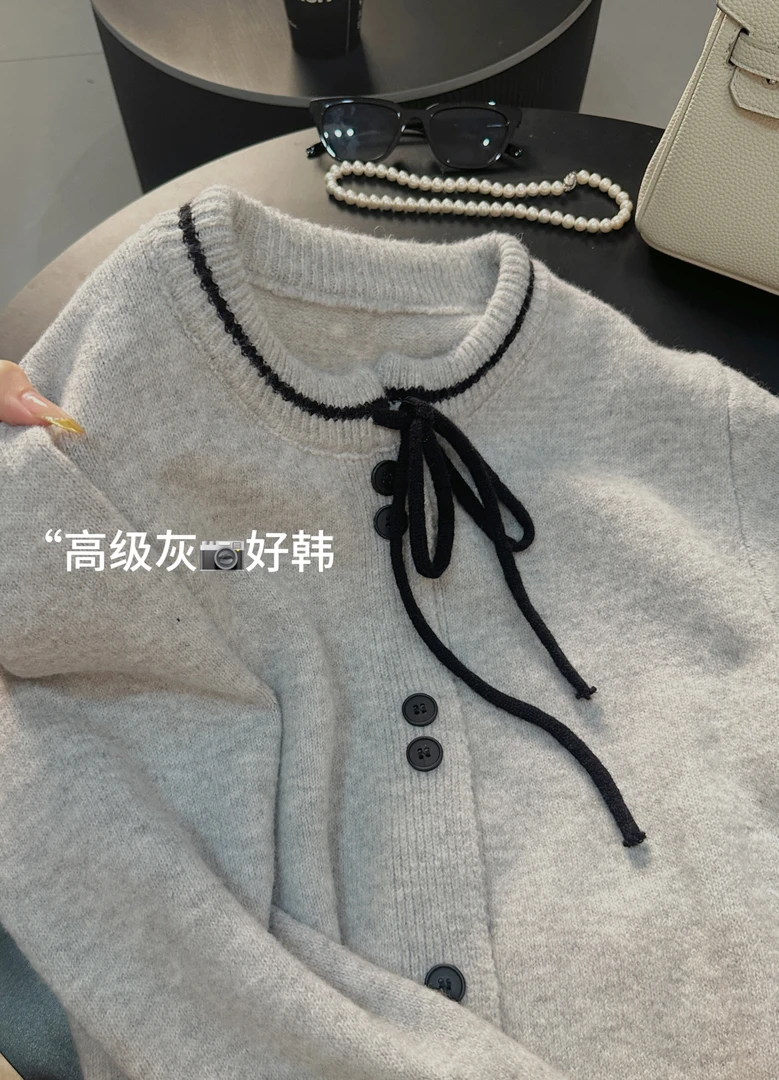 【绵羊毛】极简主义 气质小香风设计感蝴蝶结撞色宽松针织开衫104