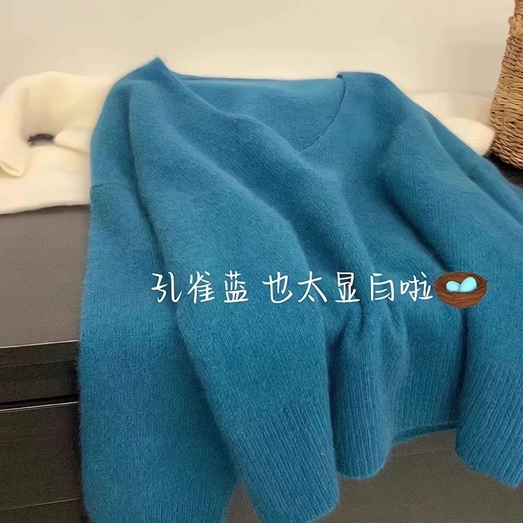 【孔雀蓝】v领毛衣女装慵懒风软糯短款套头内搭打底针织衫上衣137