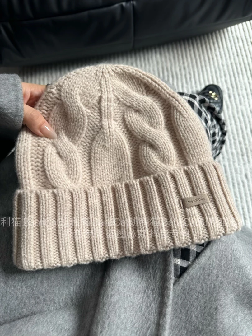 100%羊毛麻花针织毛线帽子男女情侣款秋冬冷帽显脸小包头帽韩版潮