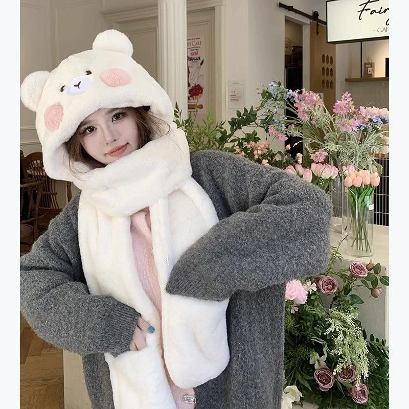 帽子围巾一体冬季毛绒围脖手套冬天保暖加厚三件套防寒风可爱小熊