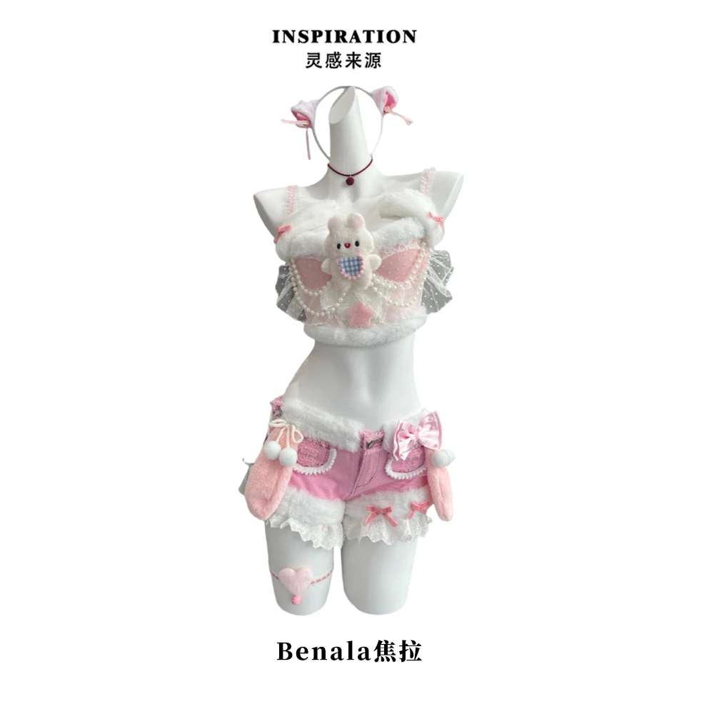 Benala焦拉「粉红兔兔」原创手作辣妹少女吊带背心超短牛仔时尚套装
