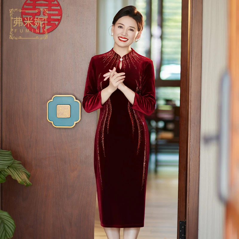 【鸿韵】88510秋季新款天鹅绒妈妈婚宴礼服修身宴会喜婆婆连衣裙