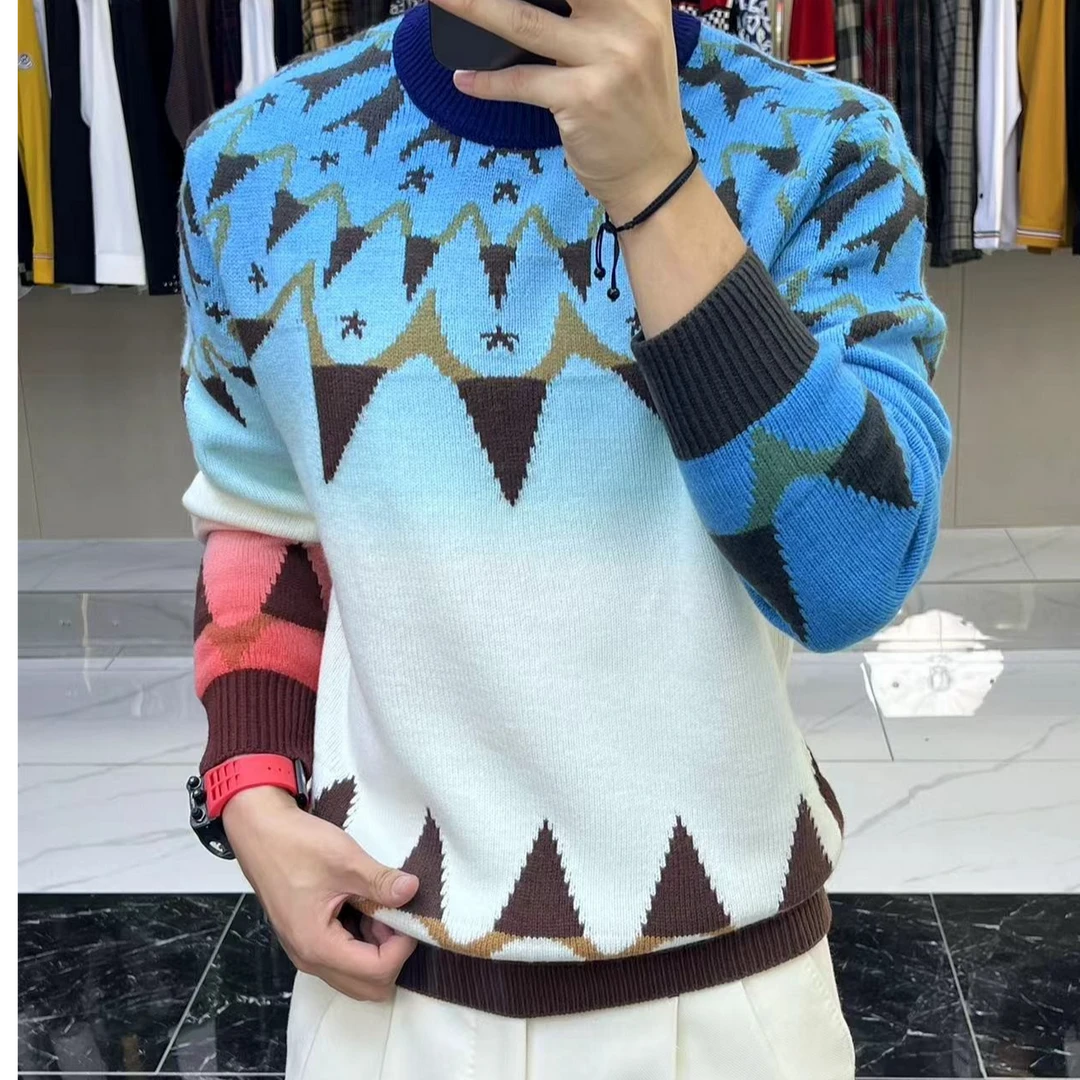 男士新款网红秋冬百搭拼色潮流羊毛衫时尚长袖针织休闲个性加厚