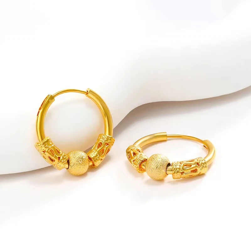 铜合金耳饰 古法转运珠》精致时尚金色圈圈高级感女款30耳环耳圈