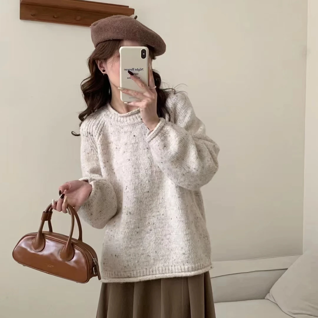 卷边设计感彩点毛衣女宽松慵懒风减龄圆领长袖针织衫女秋冬上衣