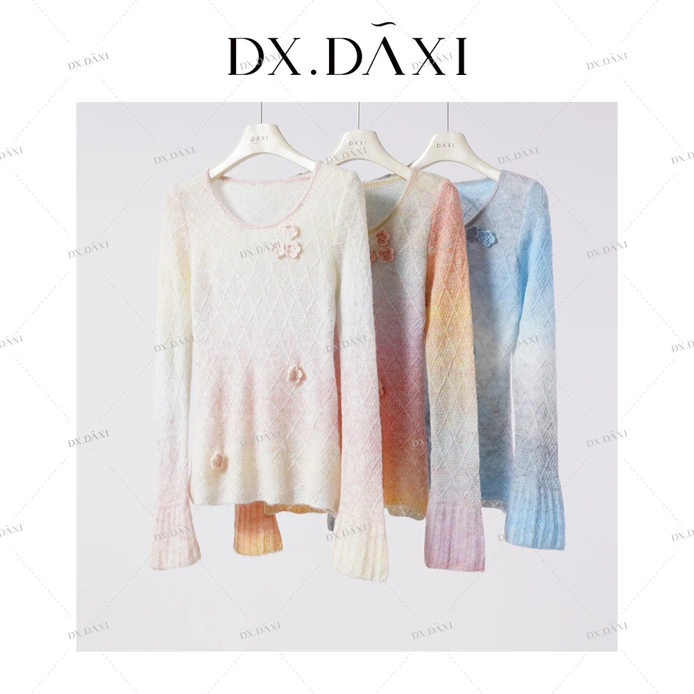 DX.DAXI【水蜜桃】渐变针织衫女秋季新款立体花朵装饰上衣