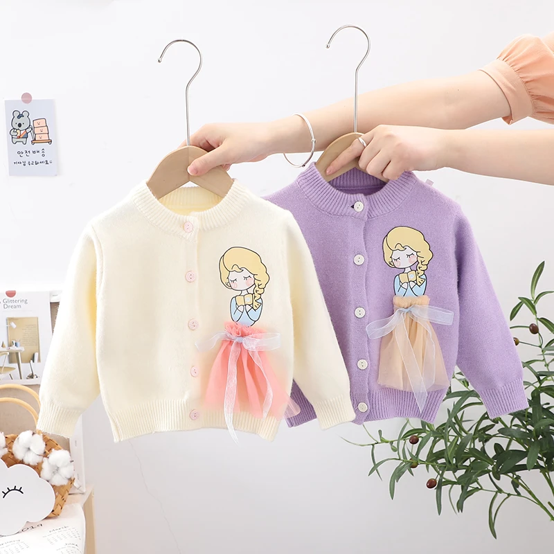 女童毛衣 春秋款女宝针织开衫蕾丝公主针织外套儿童毛衣 宝宝洋气