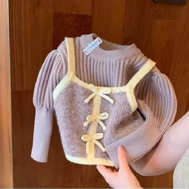 秋冬季新款女童毛衣假两件加厚针织衫宝宝中小女童毛衣套头针织衫