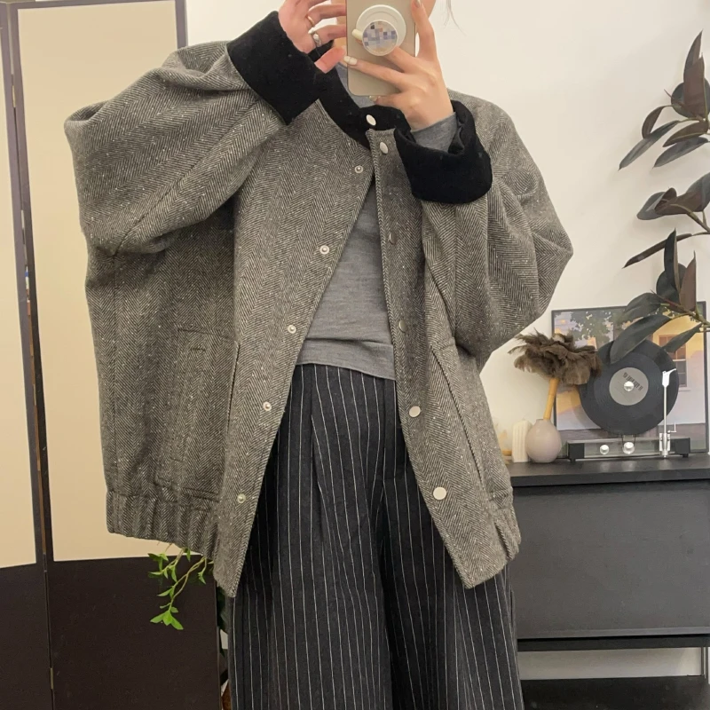 JOOMUU 廓形蝙蝠袖人字纹短外套