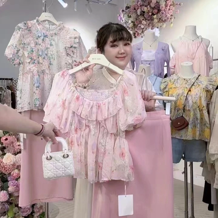 1611粉色碎花大码衬衫小衫遮肉显瘦洋气