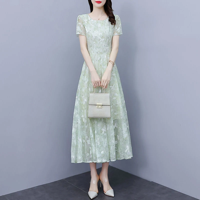 重工艺绣花碎花雪纺短袖连衣裙大摆长款气质仙女裙
