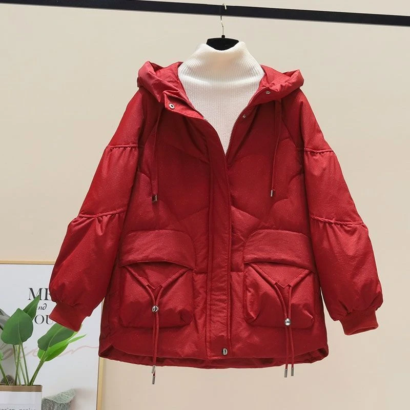反季羽绒羽绒服女短款红色亮闪闪新款加大码200斤面包服加厚