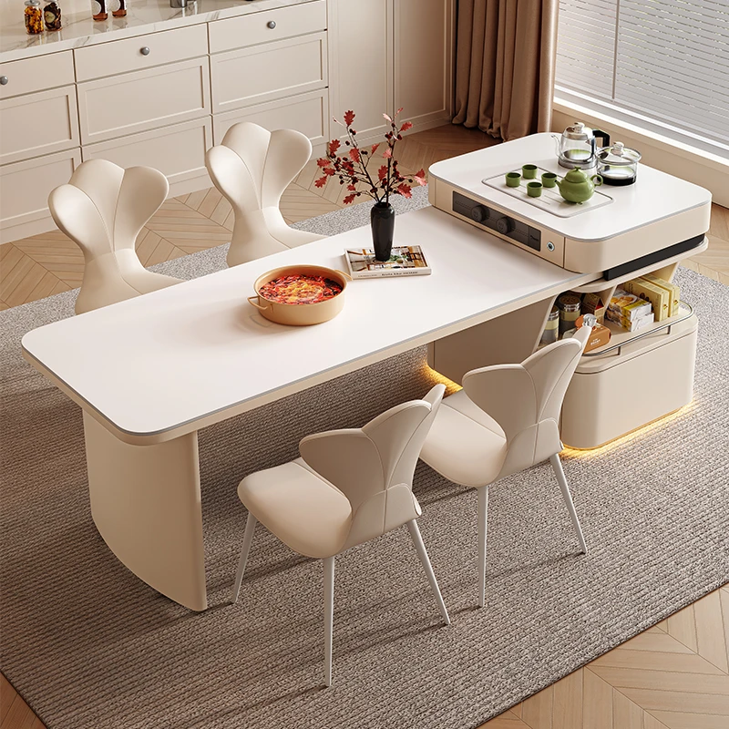 岛台餐桌一体可伸缩奶油风岩板中岛台家用现代简约倒台餐桌一体