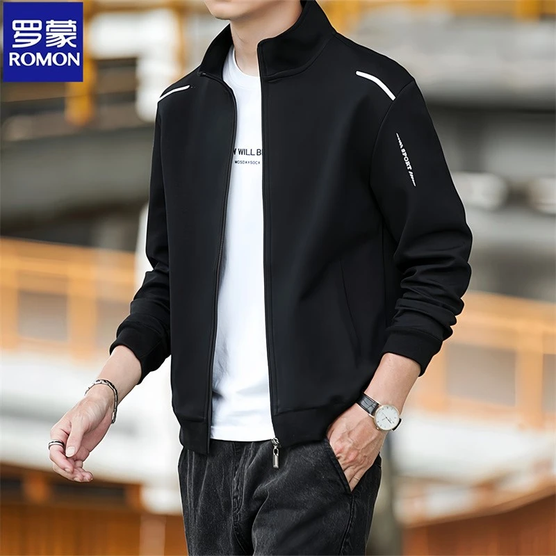 Romon/罗蒙2024年新款宽松男士春秋季痞帅潮流修身翻领男夹克休闲