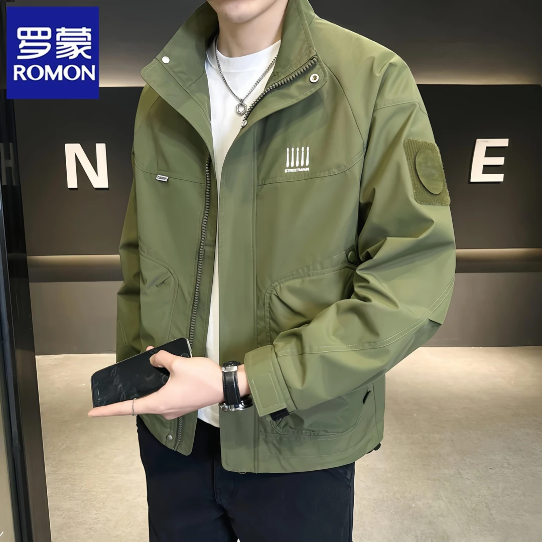 Romon/罗蒙夹克男士春秋季潮牌2024新款松立领工装高级感外套男款