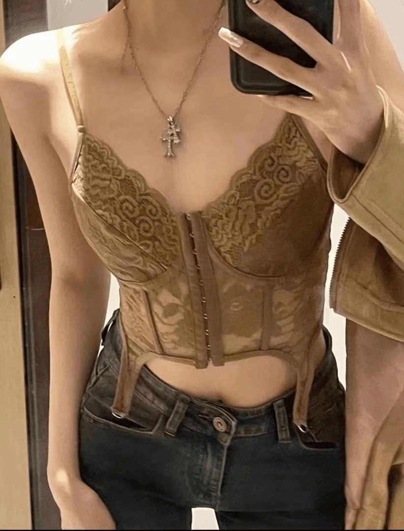 【D·D Studio】欧美辣妹蕾丝拼接吊带背心女性感鱼骨胸衣塑身