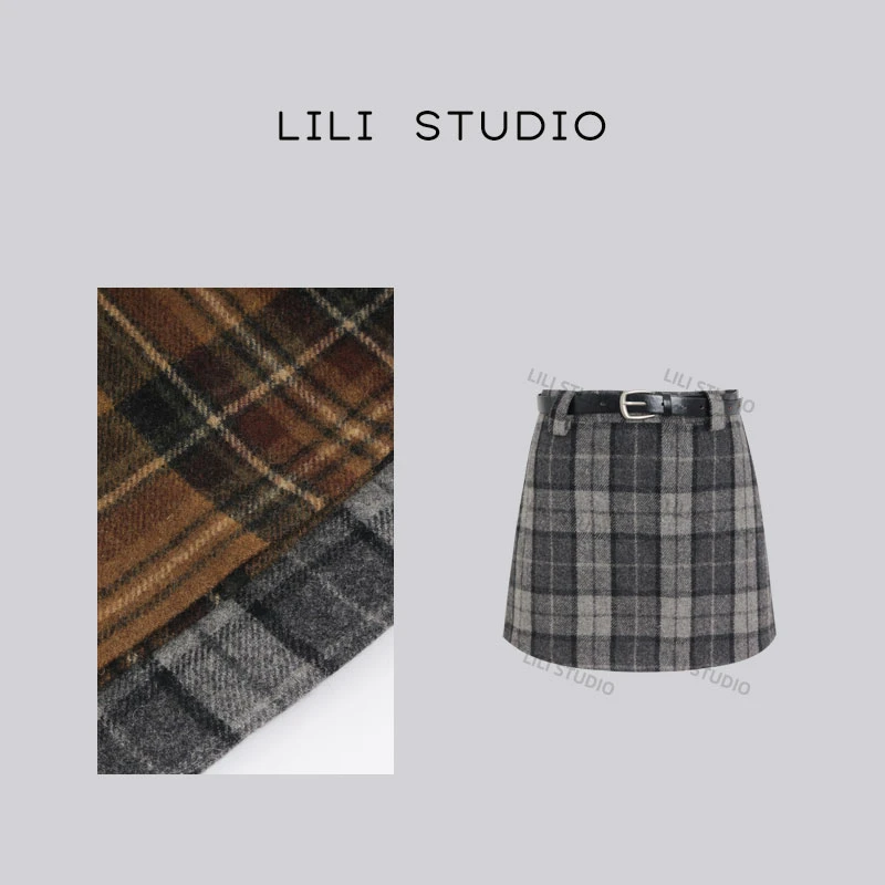 PCNY「杂志少女」不理理冬季新款女装学院风毛呢格子半身裙短裙女