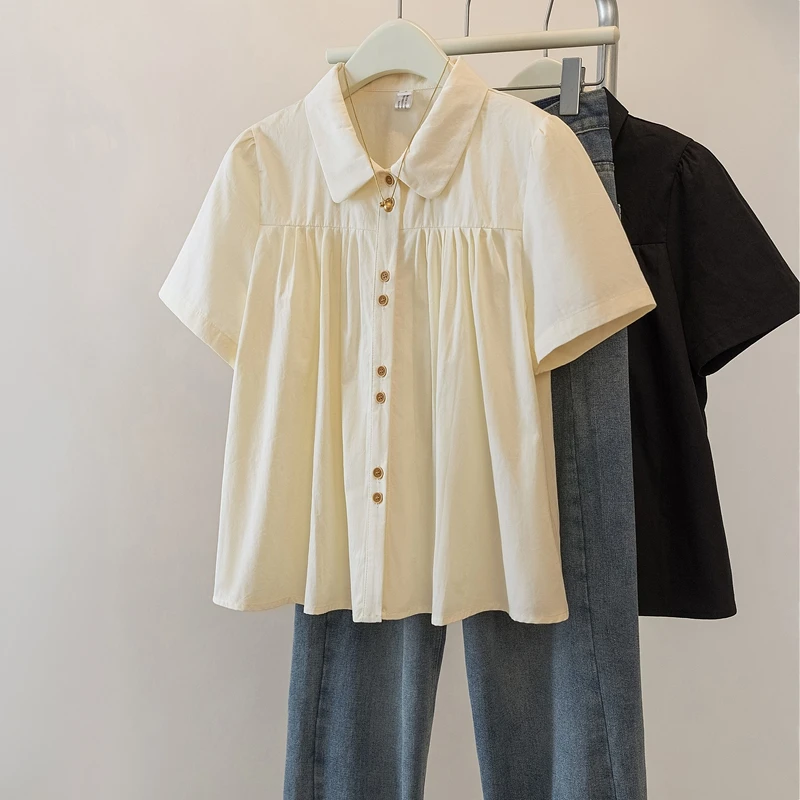 yoewshean/羽媗大码女装polo短袖衬衫夏季微胖mm遮肉显瘦短款上衣