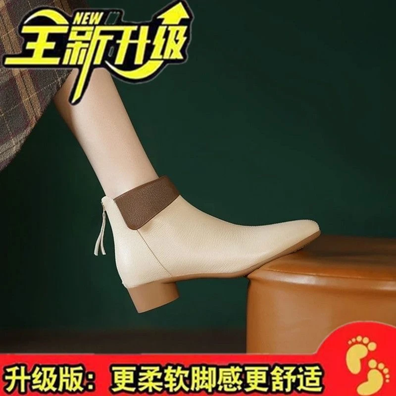 818软皮软底时尚尖头短靴女秋冬单靴2024新款冬季加绒百搭法式靴