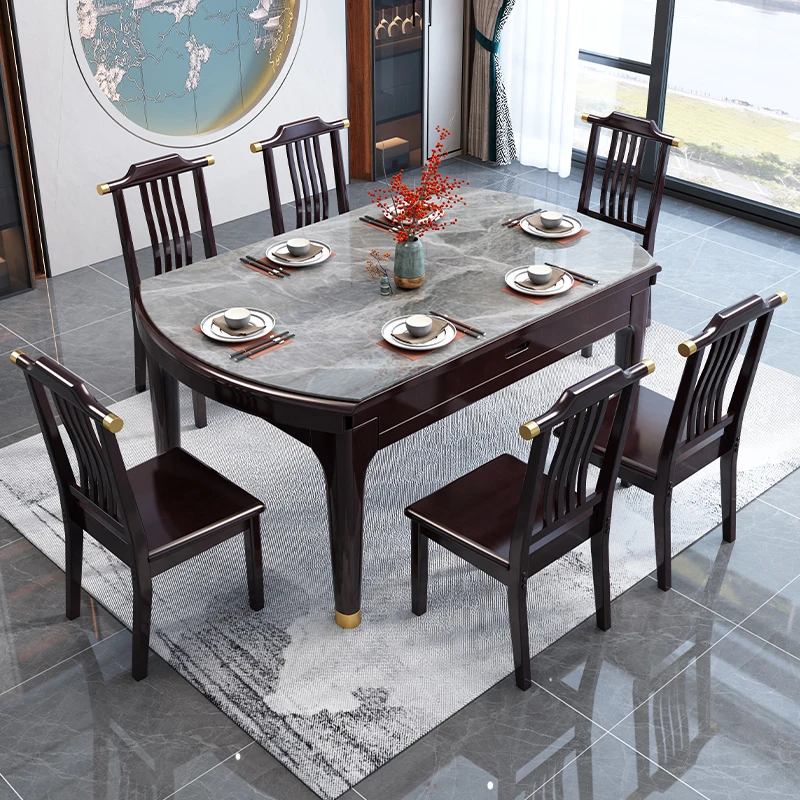 新中式岩板餐桌实木餐桌伸缩折叠方圆两用岩板餐桌家用餐厅吃饭桌