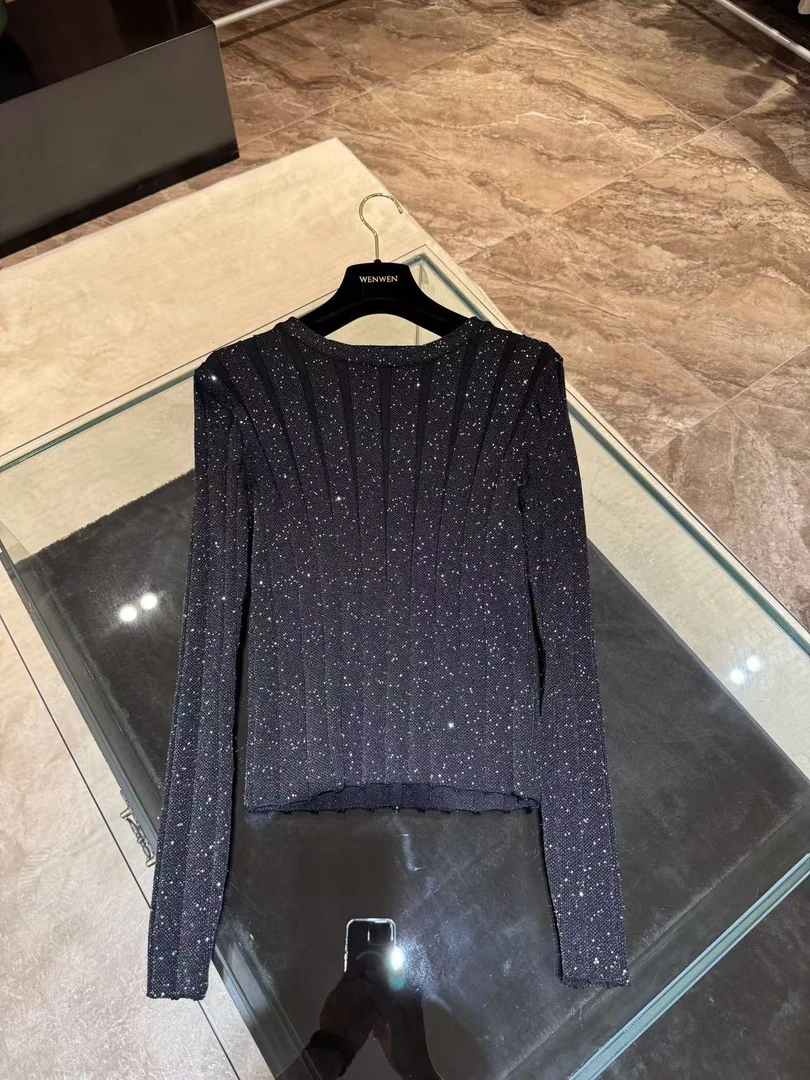 WW薄款镂空长袖圆领羊毛针织衫女早秋新款设计感修身短款打底上衣