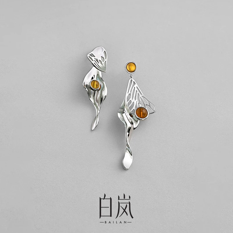 白岚蝶尾耳钉琥珀新款精致设计感小众气质耳钉复古轻奢时尚ED4325