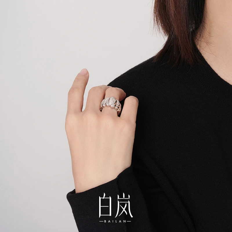 925银戒指 白岚半拼镶嵌戒指女新款时尚设计师食指轻奢气质QL1101