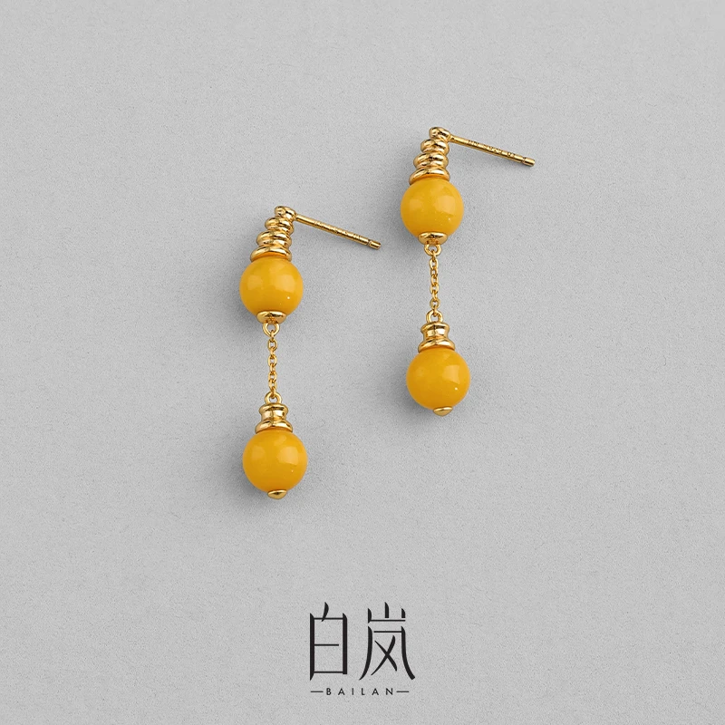 白岚环纹蜜蜡耳坠气质女小众设计耳饰耳环法式复古流光风ED4381