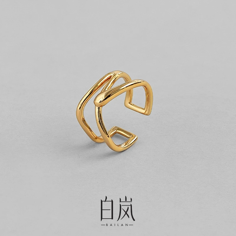 925银戒指 白岚交叠弧线戒指女925银小众设计镂空开口指环QL0750