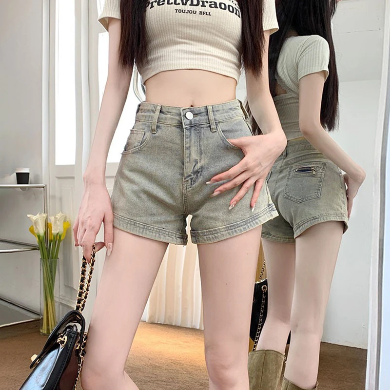 夏季韩系牛仔短裤女辣妹ins风修身高腰a字包臀口袋拉链百搭热裤潮