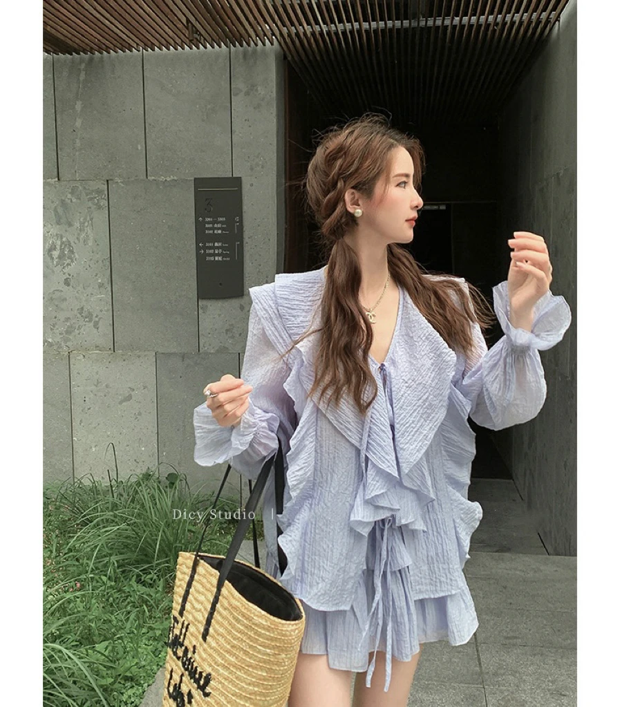 显瘦荷叶边衬衫女半身短裙两件套时尚气质长袖收腰夏装搭配一整套