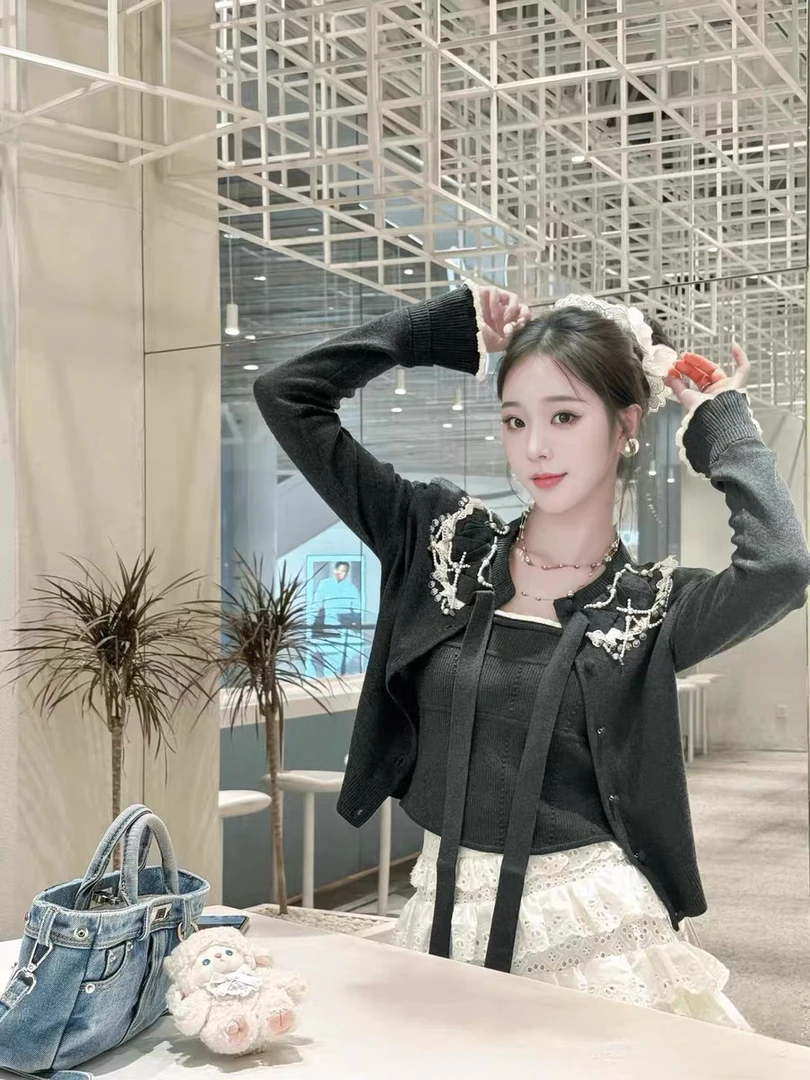 花颜拉加系带重工钉珠灰色针织开衫两件套毛织衫秋冬新款