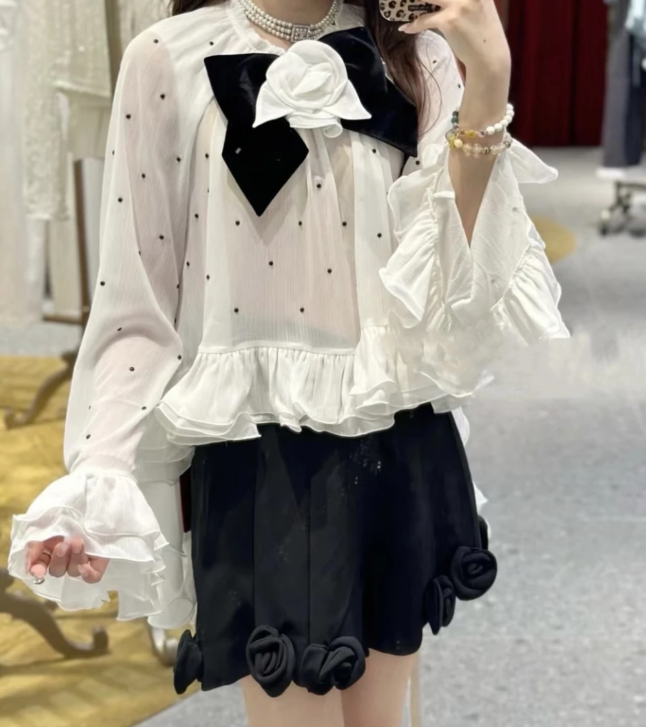 花颜2024秋拉新款姆波点少女感蝴蝶结宽松透衬衣女