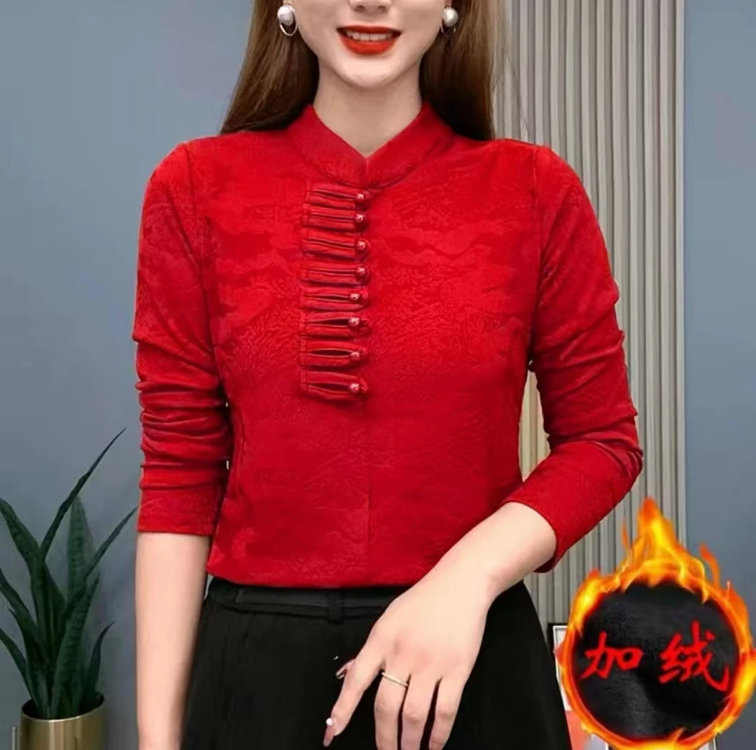 【植绒】23155款国潮风小盘扣打底衫女款洋气女衫磨毛绒保暖上衣