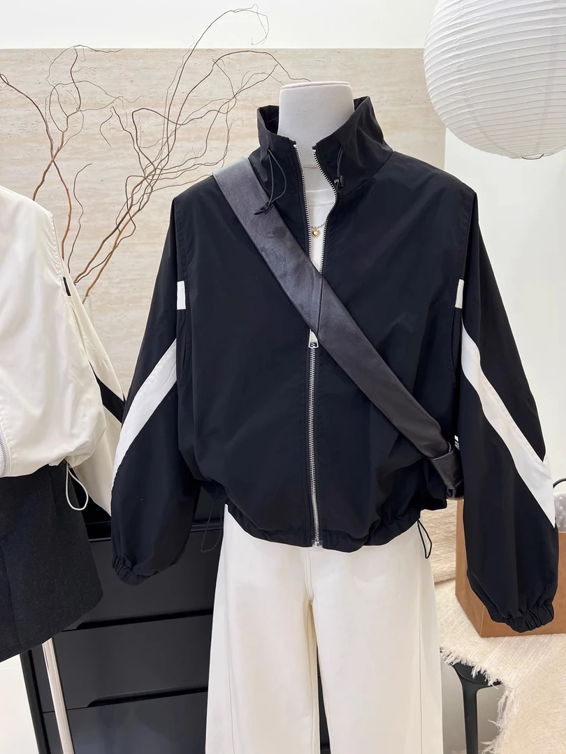 撞色立领欧若风长袖外套女2025春季新款抽绳小个子上衣休闲冲锋衣