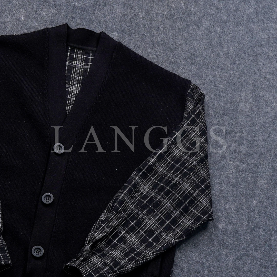 LANGGS&浪叔 秋季韩系艺术格子拼接针织开衫慵懒毛衣外套-FW4459