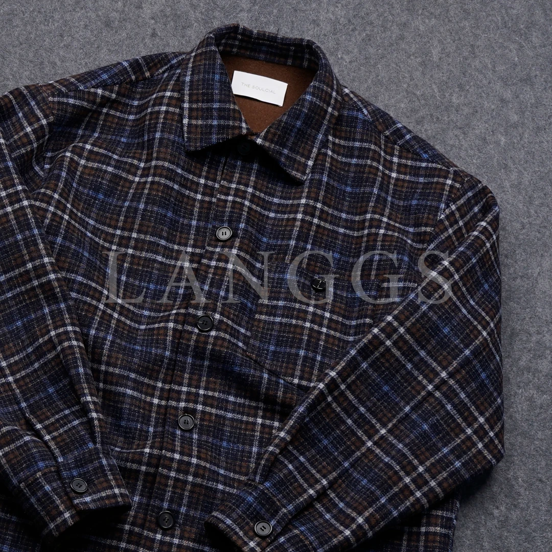 LANGGS&浪叔  秋季休闲格纹衬衫外套绒感舒适百搭衬衫-24SY001