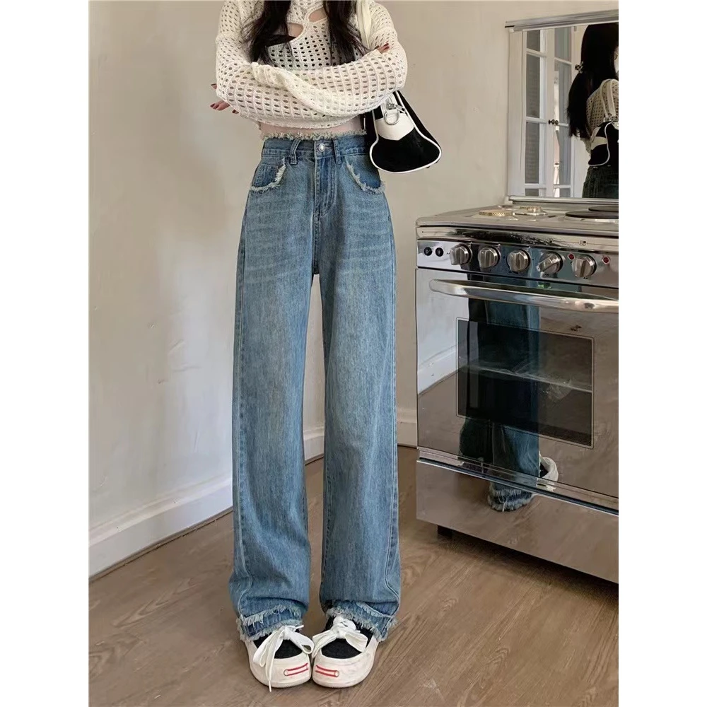实拍2023春秋新款毛边设计感流苏阔腿拖地裤宽松大码牛仔裤女