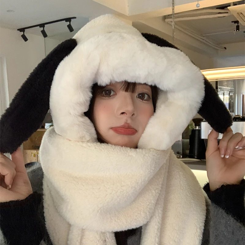 小狗毛绒帽子围巾一体女款冬季可爱秋冬款手套三件套保暖2023新款