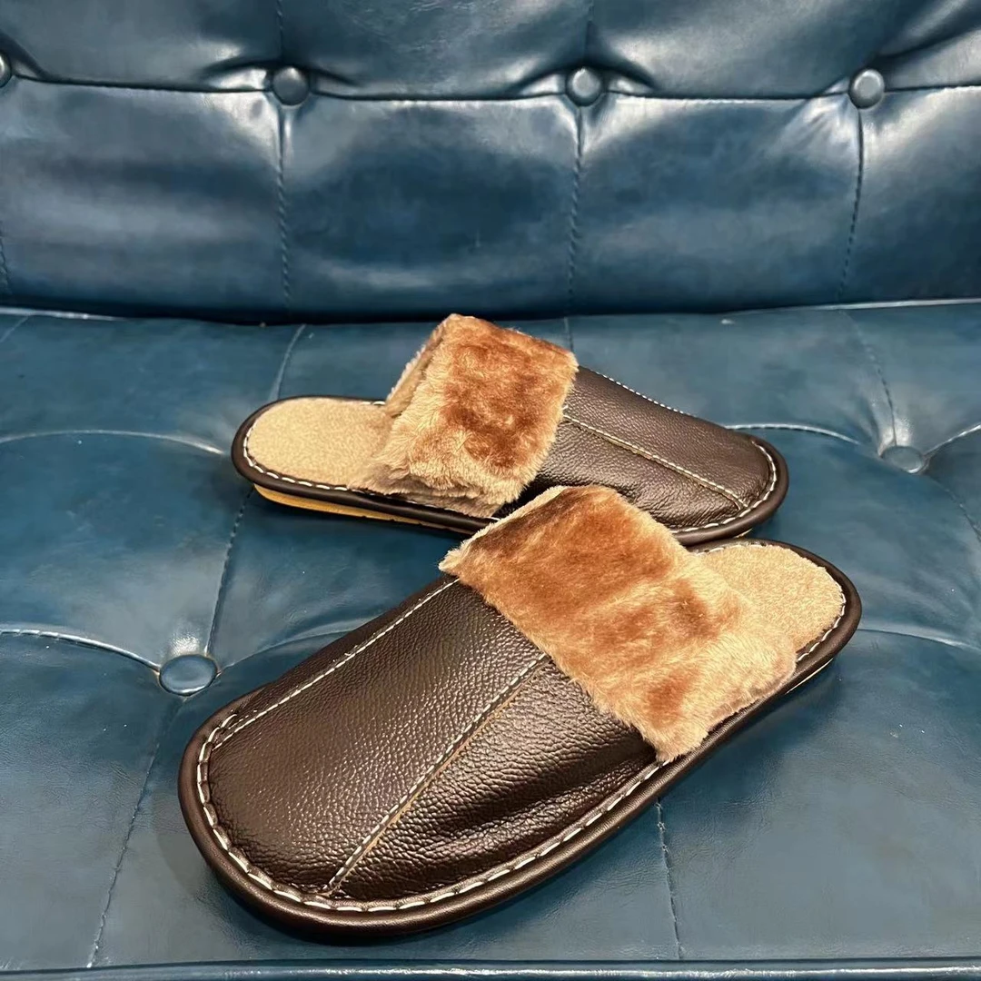 【粉丝福利】秋冬季居家软底保暖毛拖平跟防滑时尚厚底牛皮拖鞋加绒