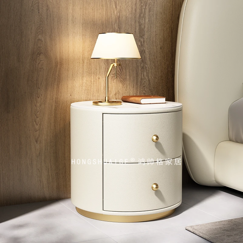 鸿帅格现代简约圆形床头柜轻奢床头柜高级感皮质床边柜实木储物柜