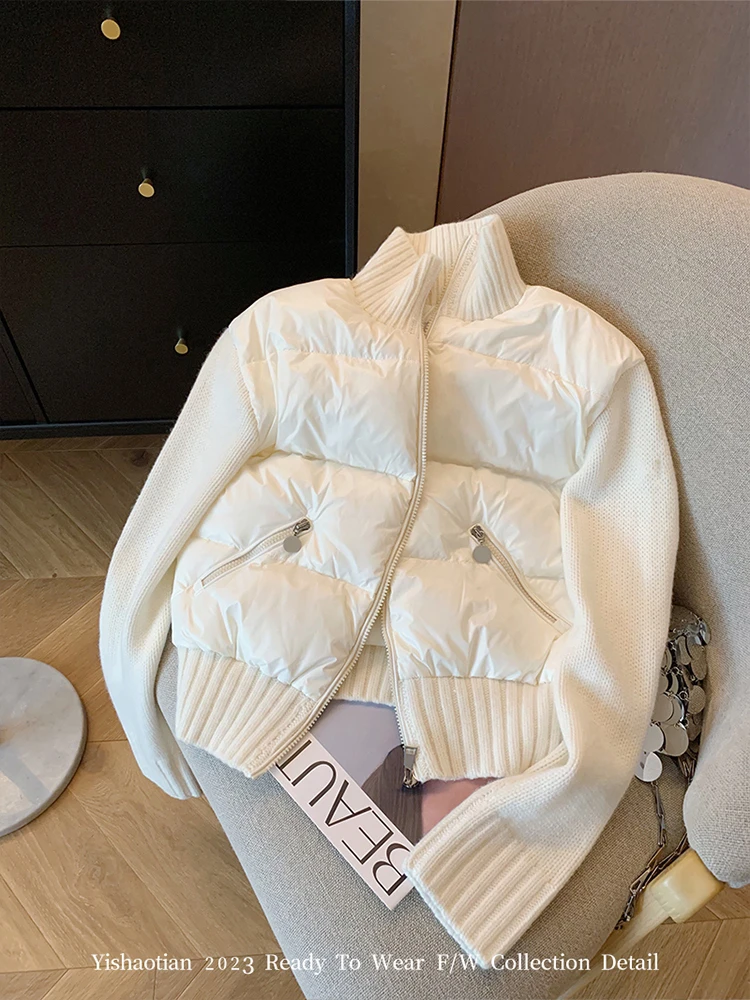 白色立领拼接针织棉服外套女小众设计感时尚百搭新国风夹棉棉衣