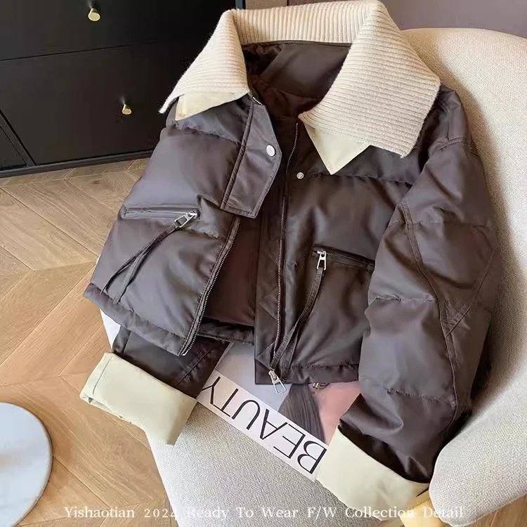2024年新款欧货翻领短款冲绒棉服女冬季加厚蛋白皮拼接撞色外套
