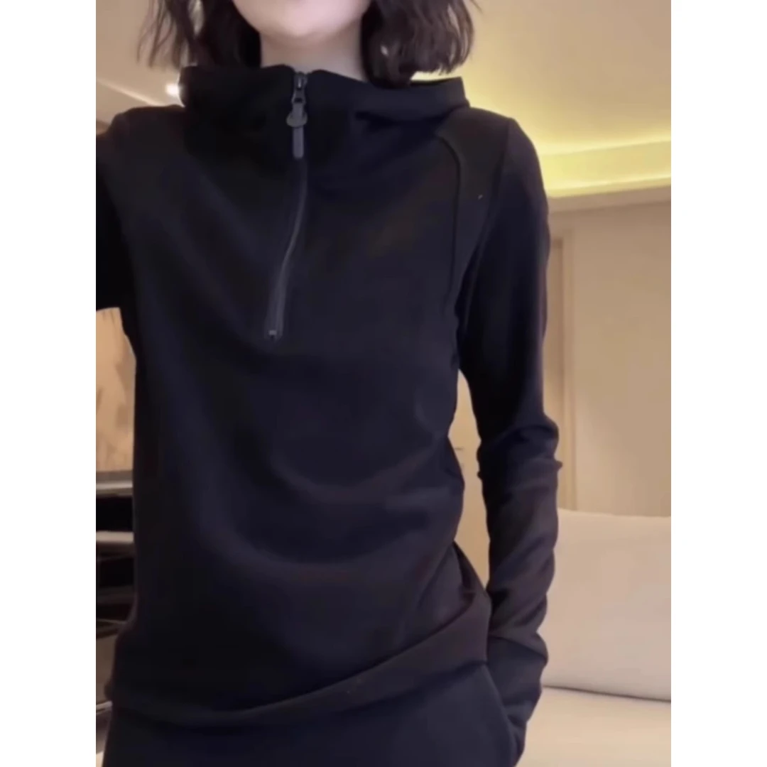 新款带帽连帽卫衣时尚长袖ins女纯色半拉链宽松显瘦休闲百搭上衣