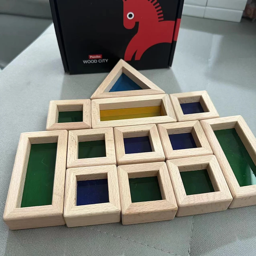 实木大颗粒儿童木制亚克力彩虹积木拼插宝宝创意搭建玩具透明透光