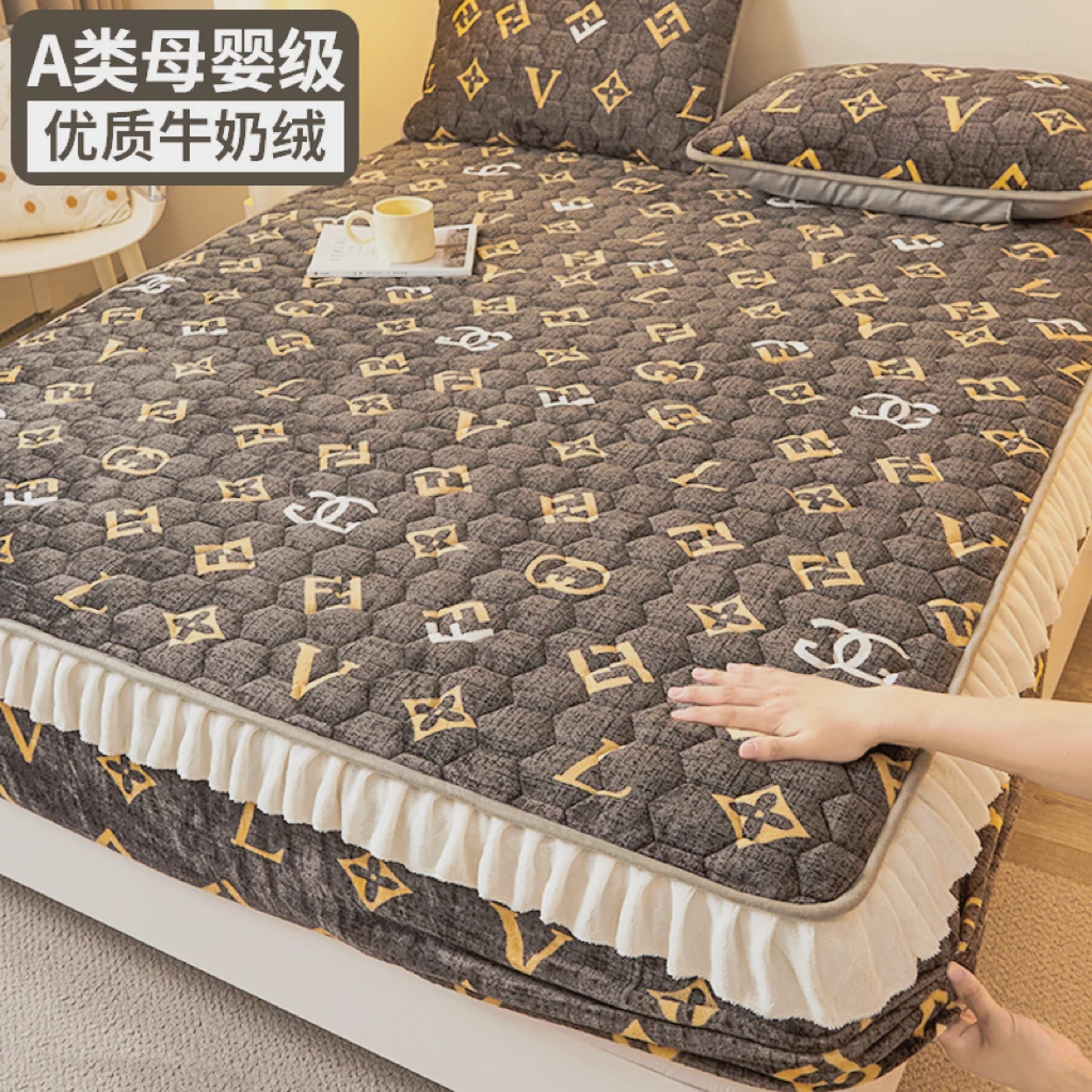 加绒牛奶绒夹棉床笠单件冬季加厚法兰珊瑚绒床垫保护套保暖床罩子