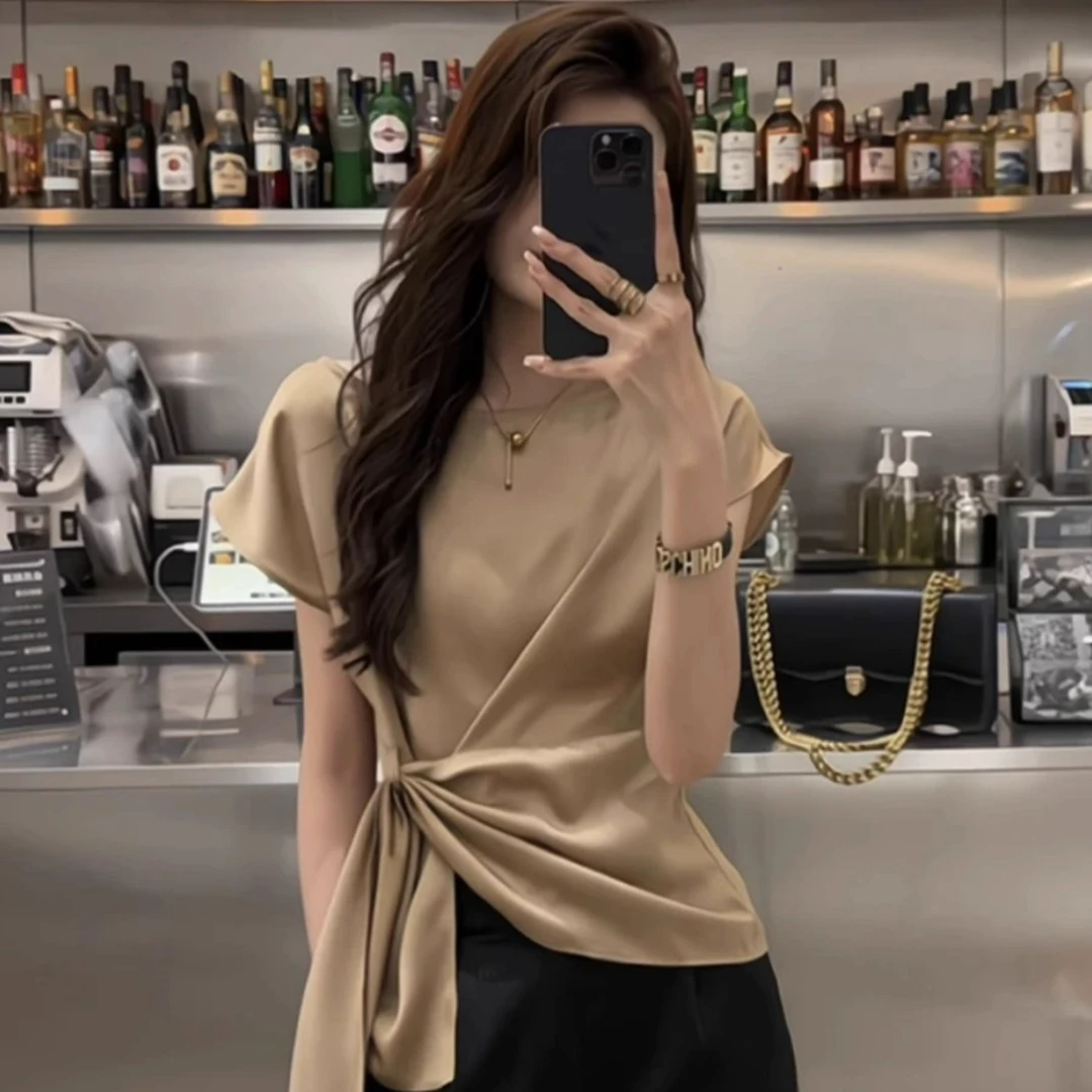 高冷御姐风设计感小众半袖衬衫女不规则交叉系带缎面别致上衣女夏