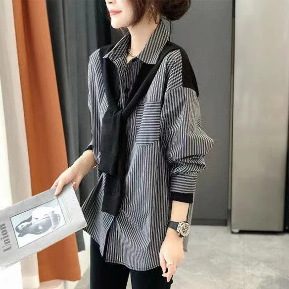 拽酷衬衣女装高档黑灰条纹上衣衬衫女2024设计感时尚外穿百搭气质