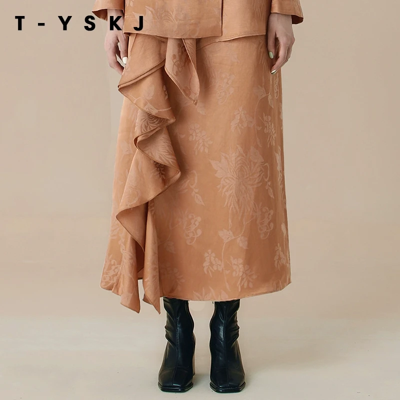 金台绣【金阙】半身裙秋款荷叶边设计感女士印花立体感A字裙K35906