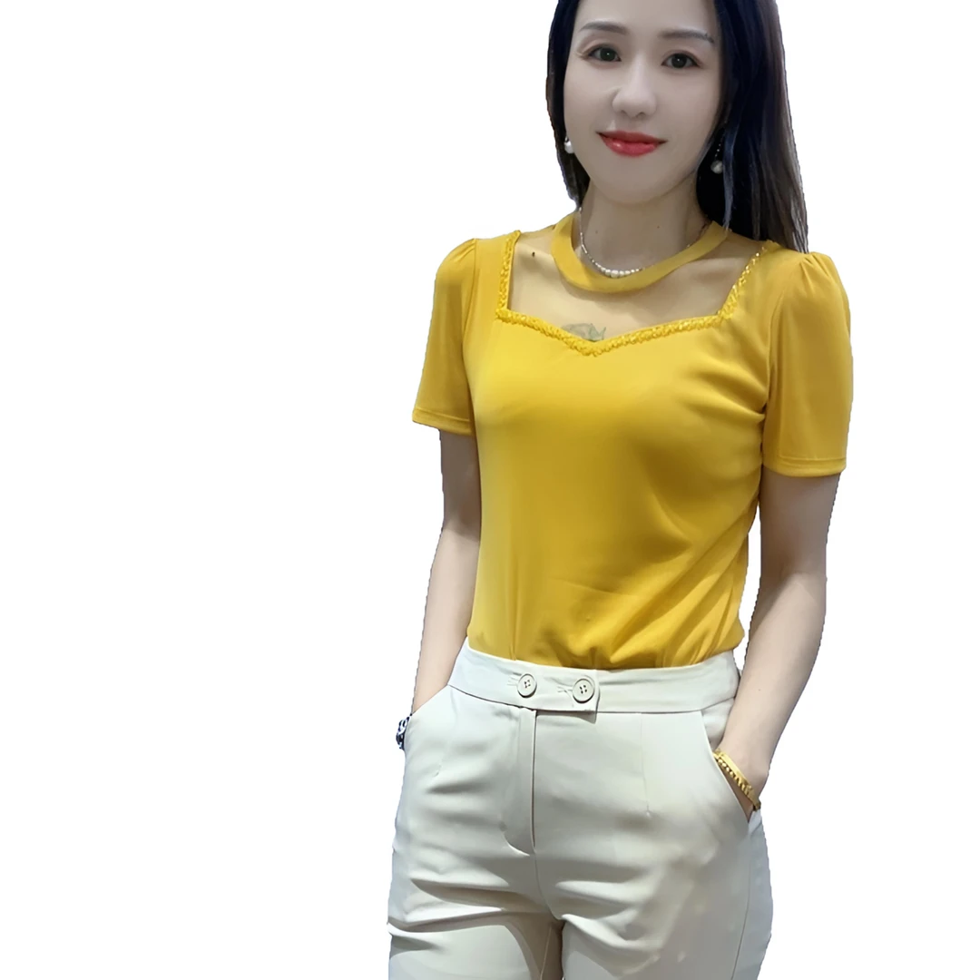 夏季高级感网纱时尚纯色修身显瘦手工圆领订珠百搭别致上衣女